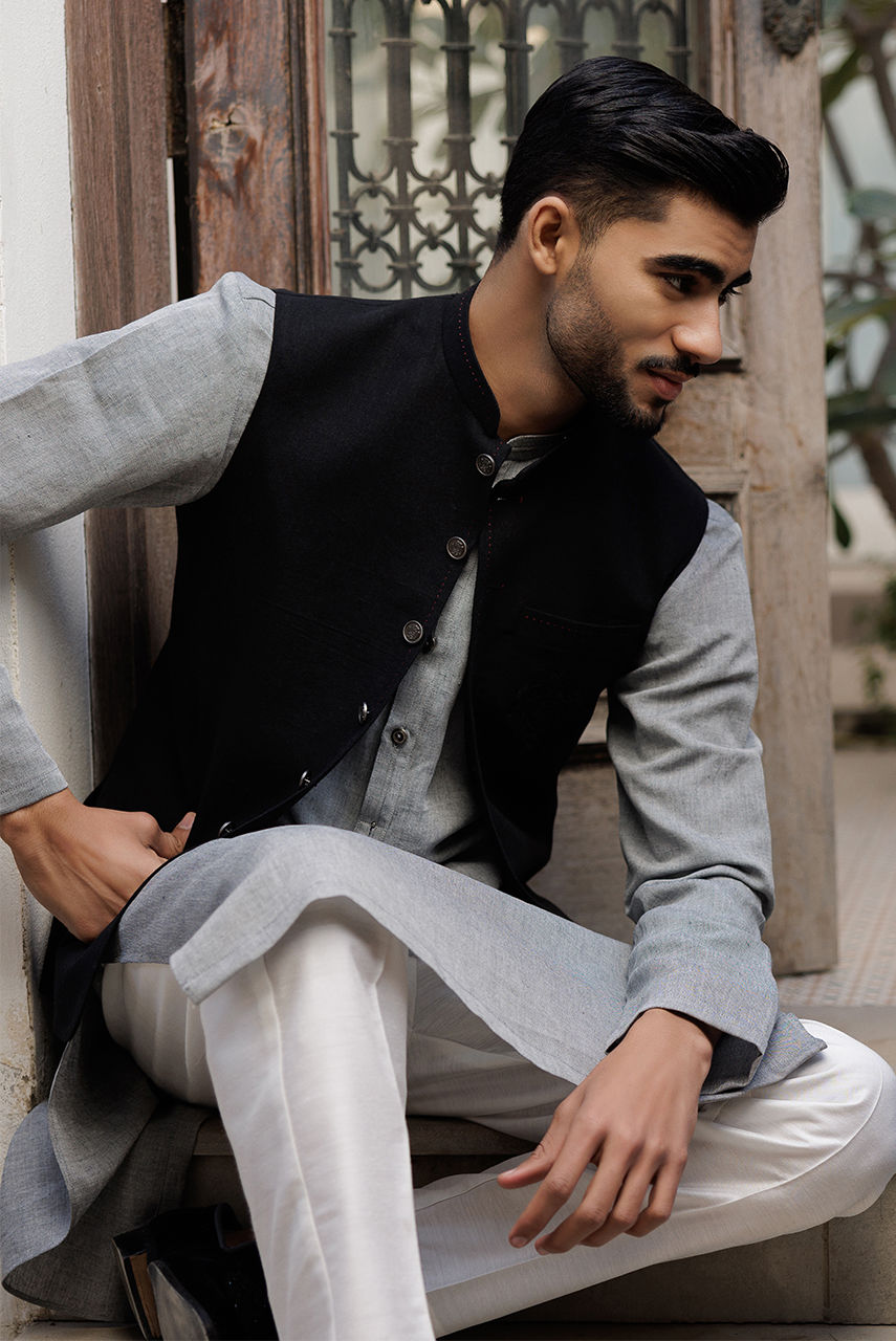 Black Threadwork Linen Waistcoat (3-Piece) - Image 4