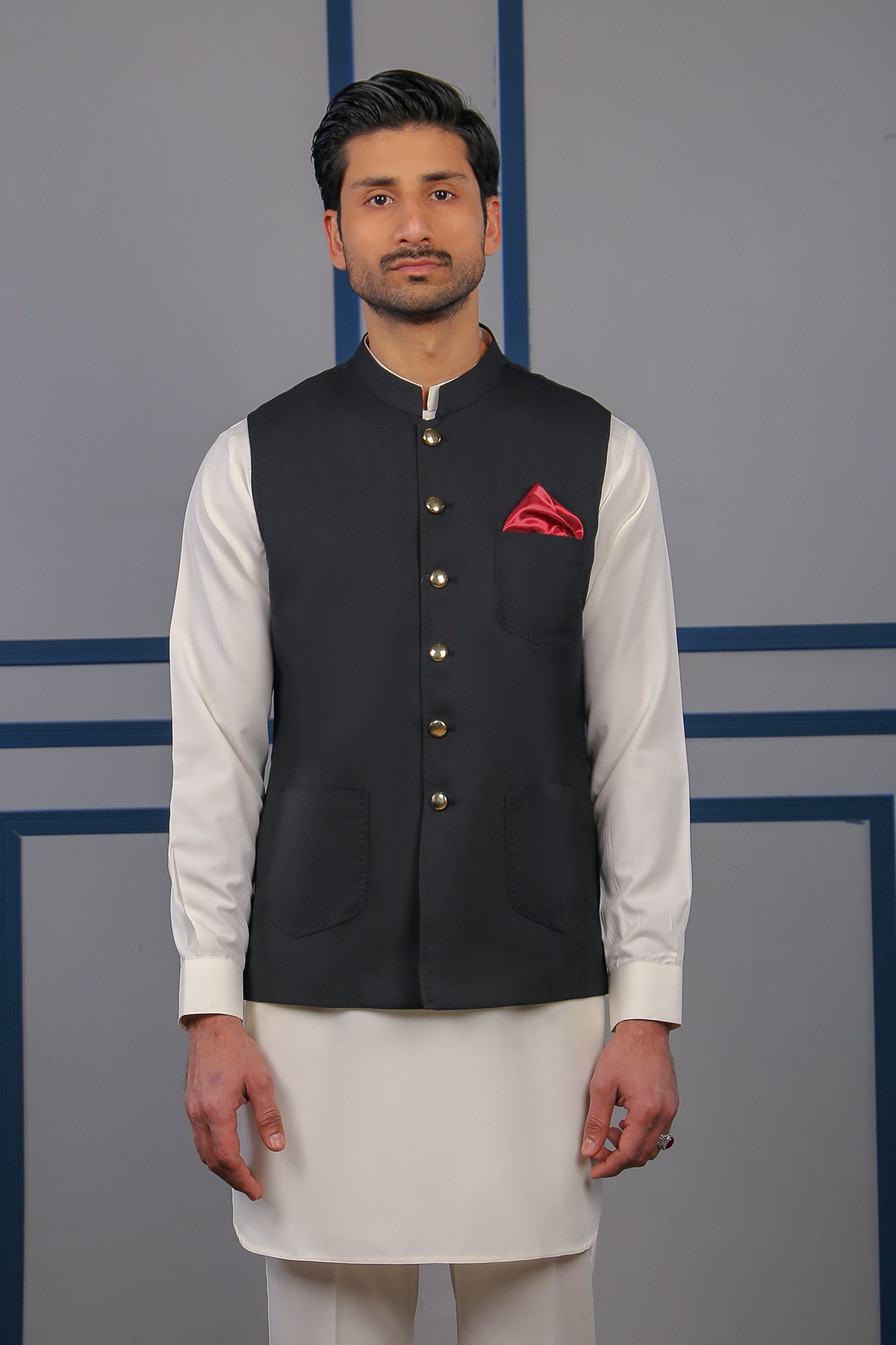 Black Linen Waistcoat Kurta 3-Piece - Image 1