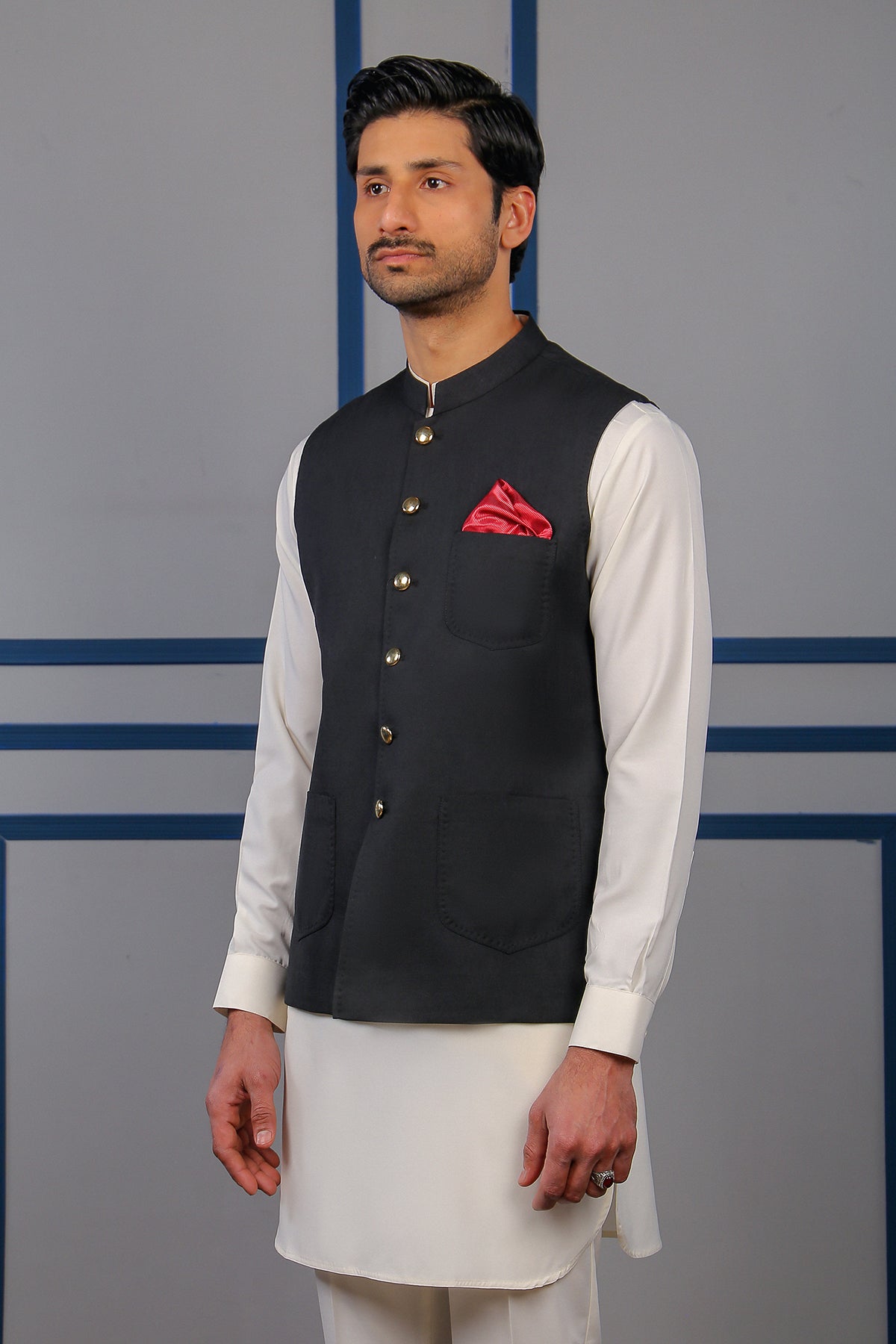 Black Linen Waistcoat Kurta 3-Piece - Image 2