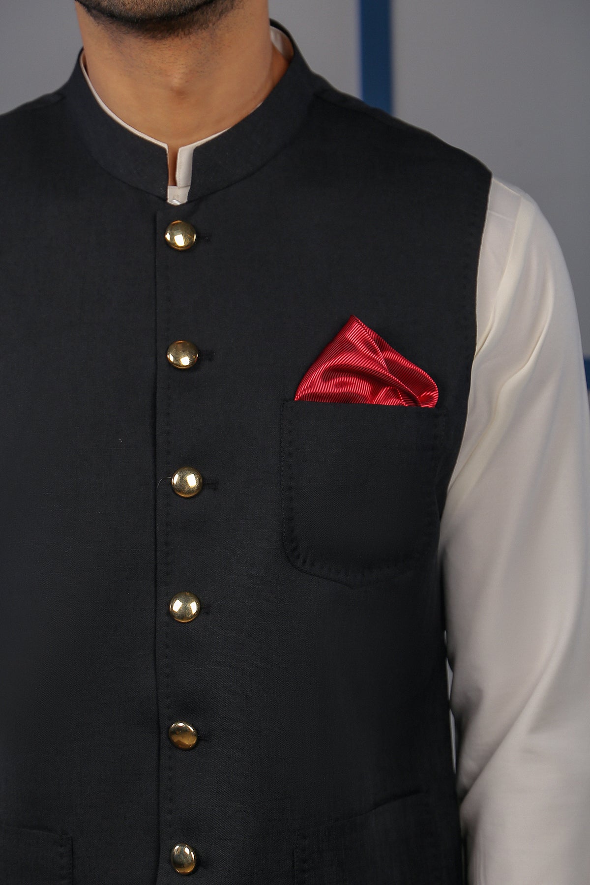 Black Linen Waistcoat Kurta 3-Piece - Image 3
