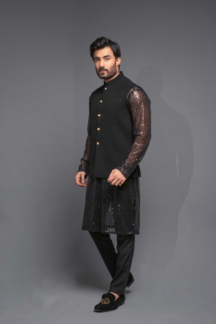 Jet Black Sequin Work Waistcoat Kurta (3-Piece) - Image 1
