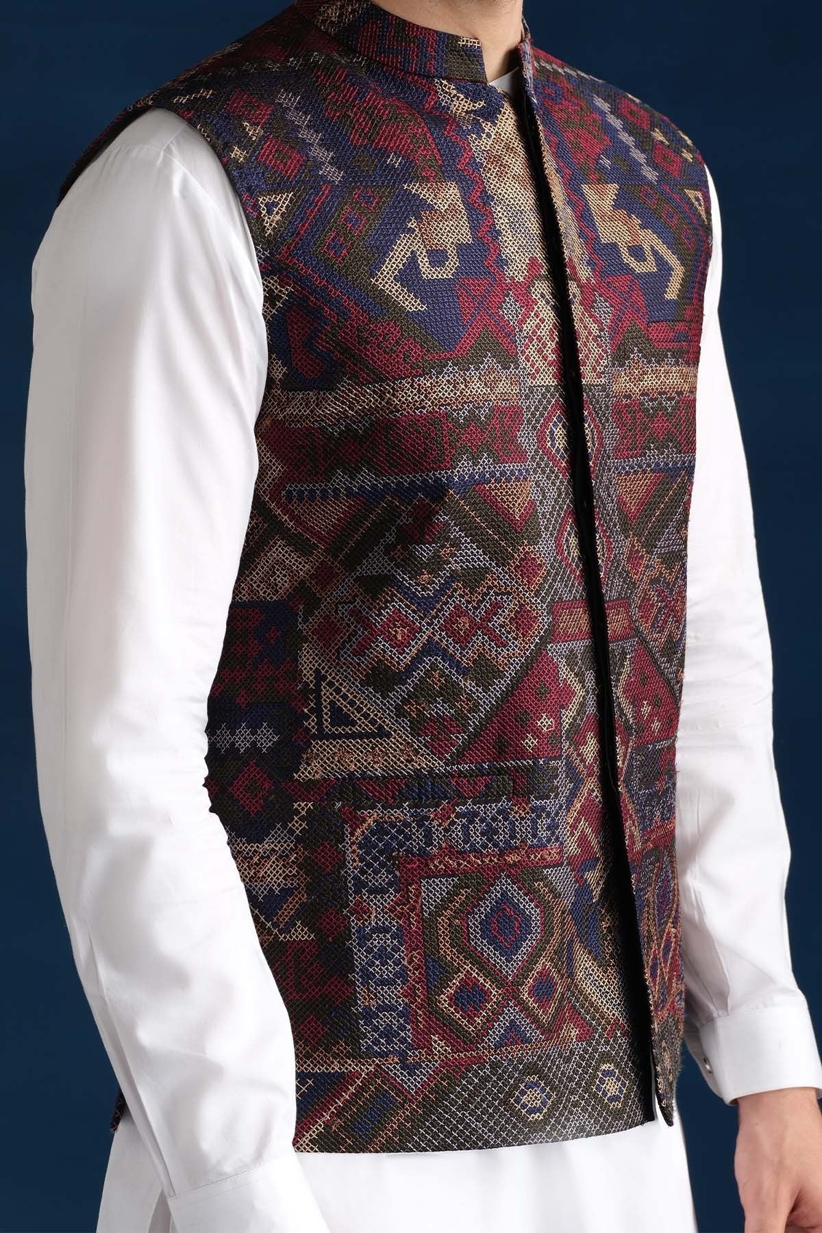 Black Multicolour Cross Stitch Embroidered Waistcoat (3-Piece) - Image 1