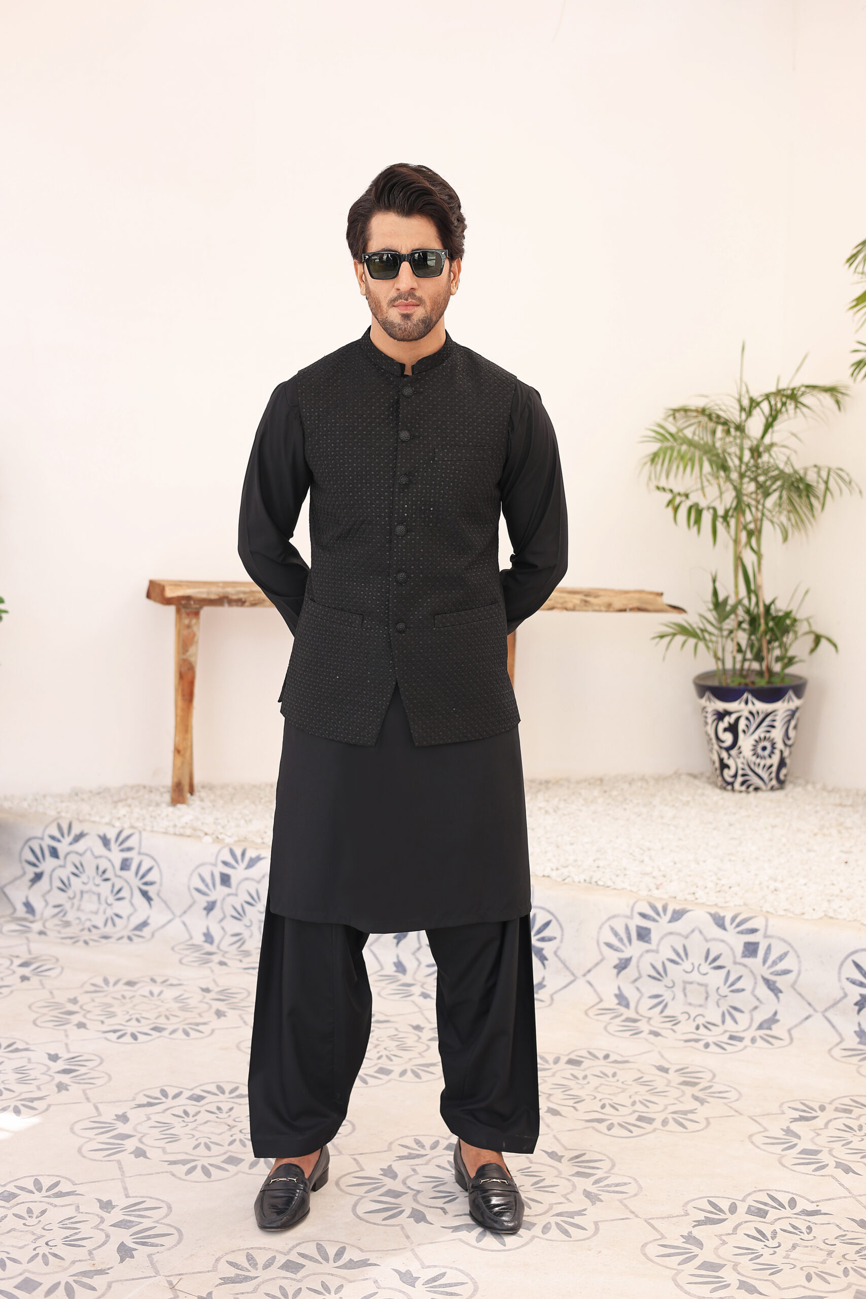 Black Woven Mesuri Waistcoat (1-Pc) - Image 2