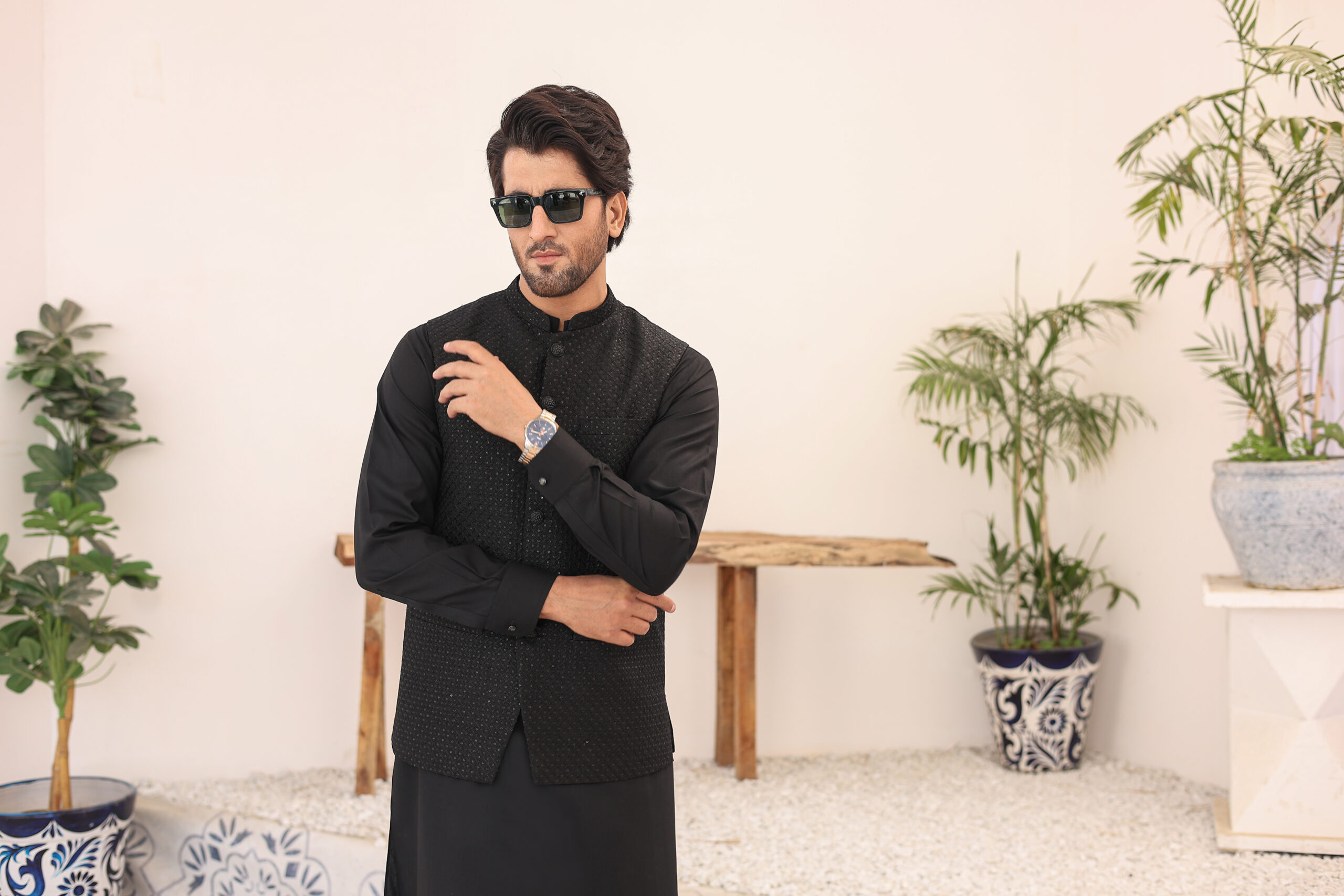 Black Woven Mesuri Waistcoat (1-Pc) - Image 3