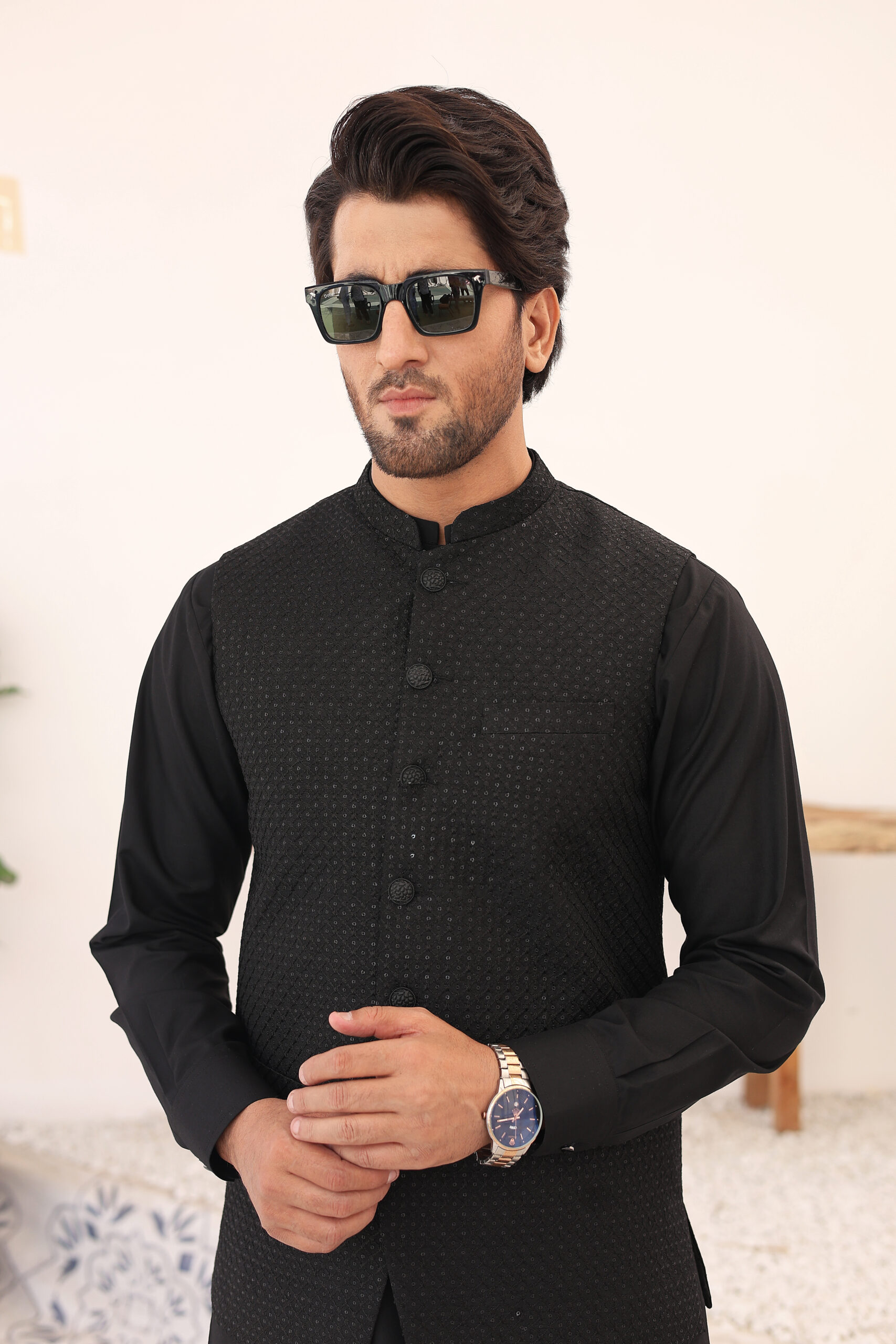 Black Woven Mesuri Waistcoat (1-Pc) - Image 4