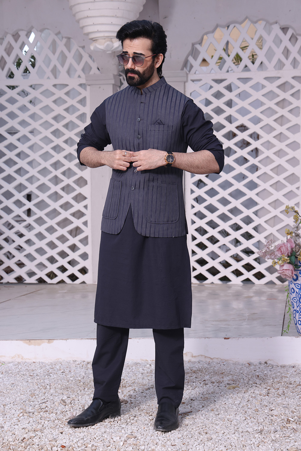 Black Textured Waistcoat Kurta Pajama (3-Piece) - Image 1