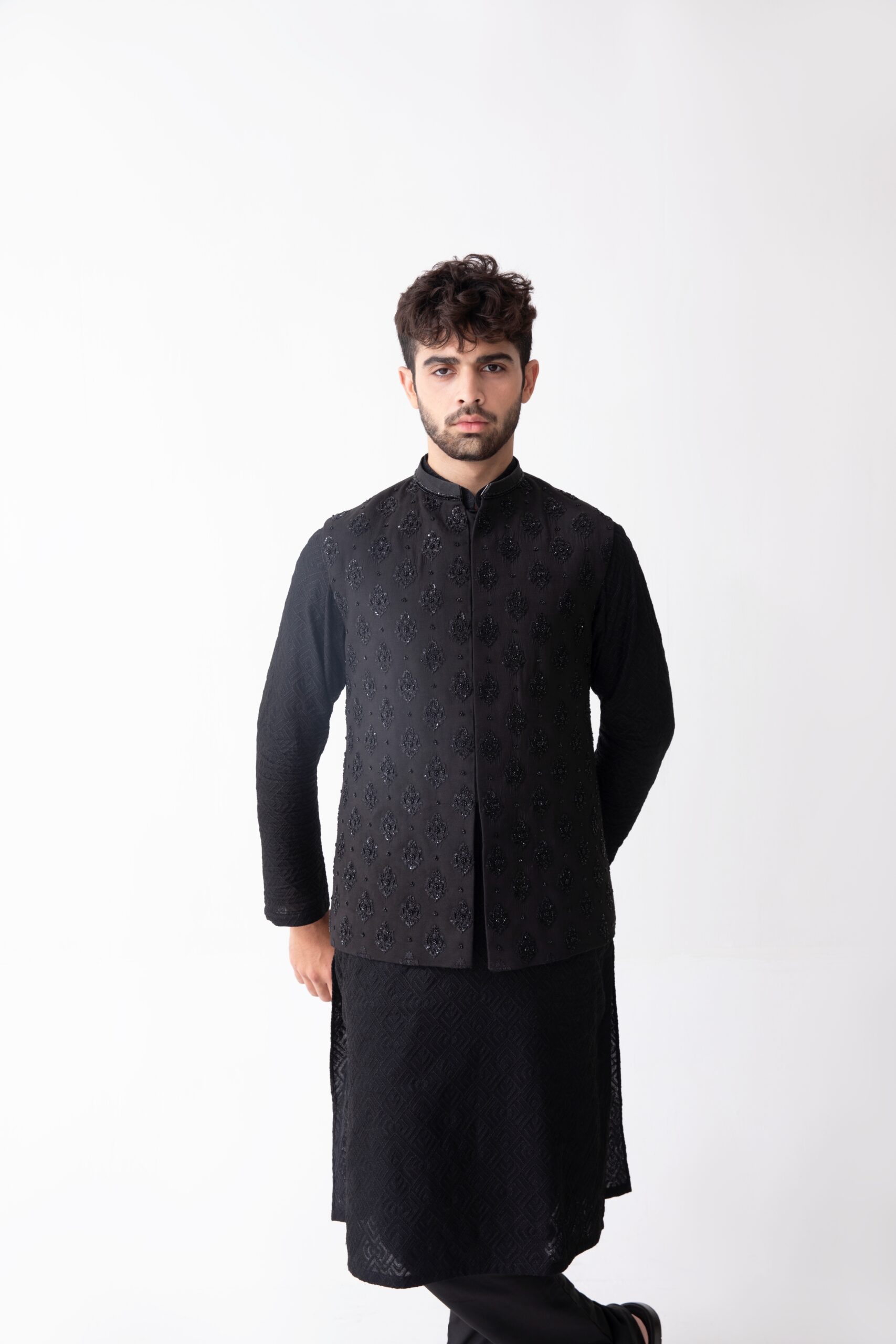 Black Hand-Embellished Waistcoat Kurta Set (3-Piece) - Image 1