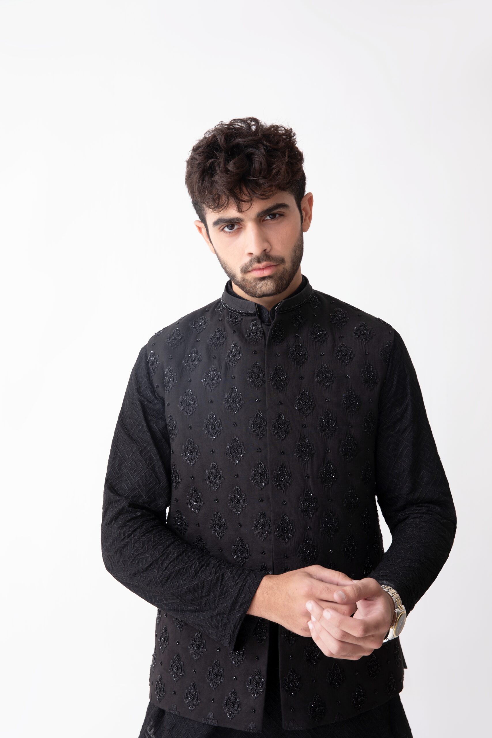 Black Hand-Embellished Waistcoat Kurta Set (3-Piece) - Image 3