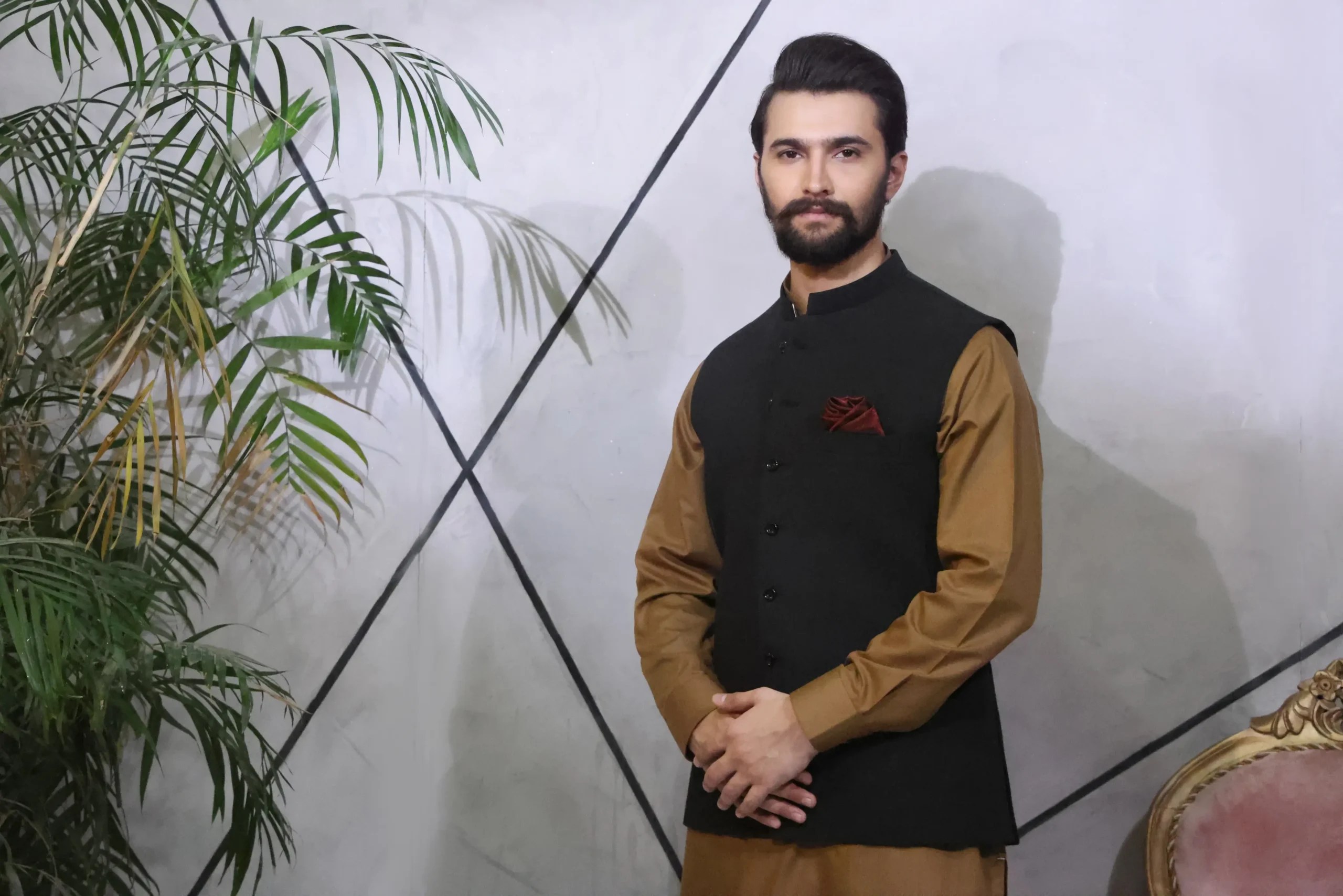 Black Waistcoat with Brown Kurta Pajama (3-Piece) - Image 1
