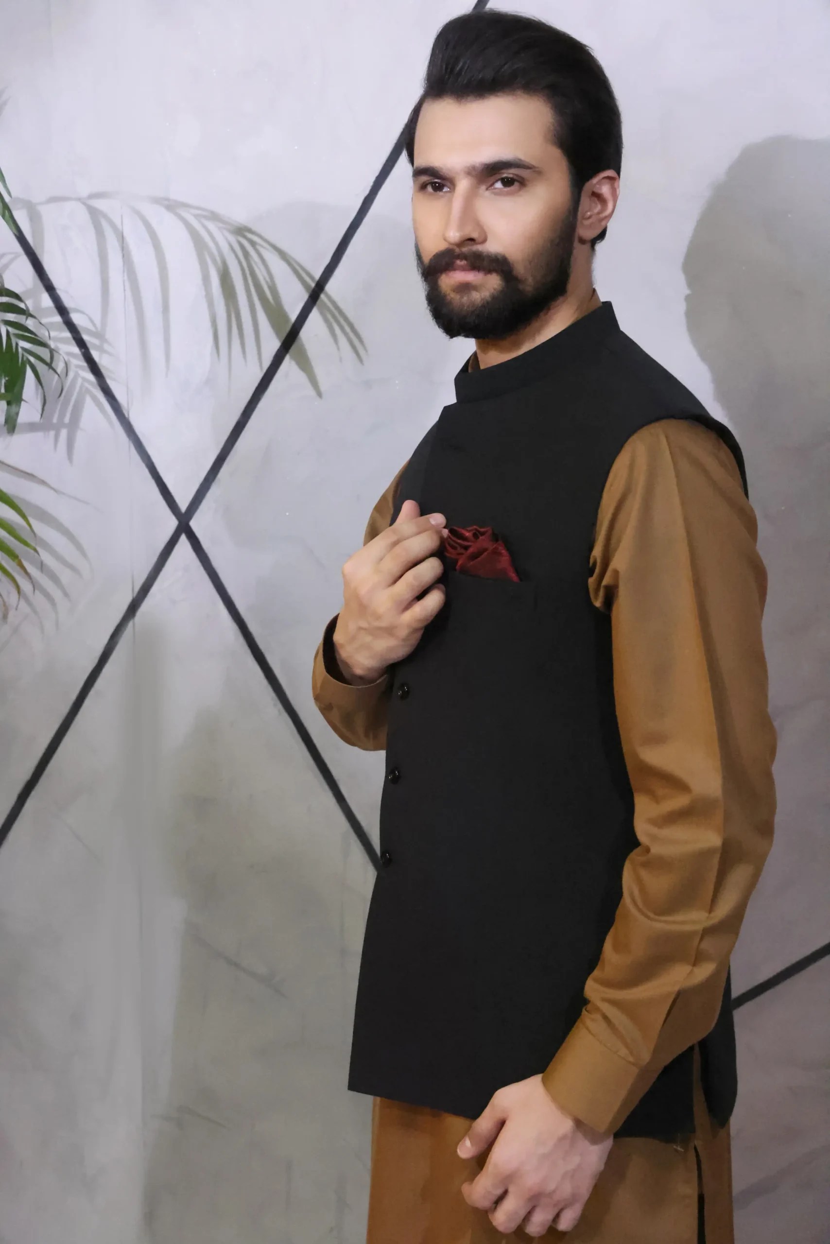 Black Waistcoat with Brown Kurta Pajama (3-Piece) - Image 2