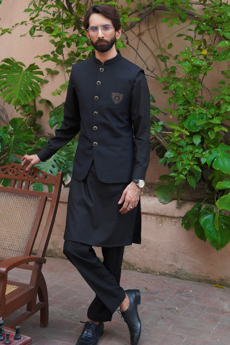 Jet Black Embroidered Poly Viscose Waistcoat (3-Piece) - Image 1