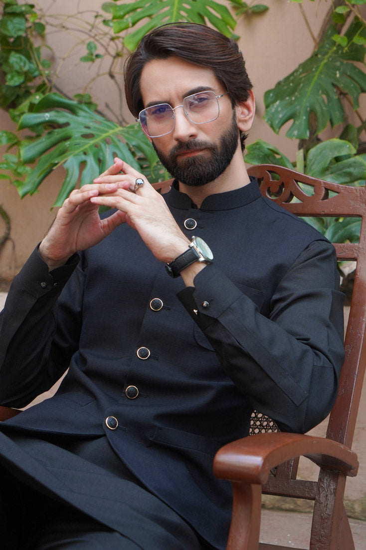 Jet Black Embroidered Poly Viscose Waistcoat (3-Piece) - Image 2