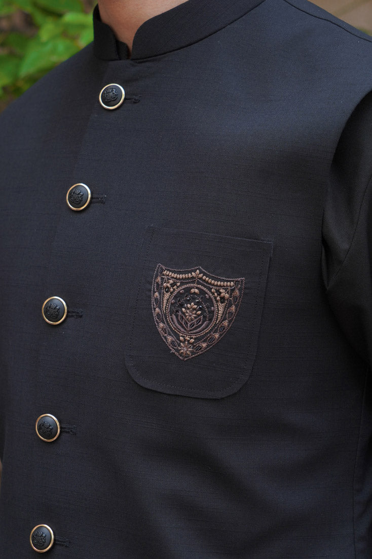 Jet Black Embroidered Poly Viscose Waistcoat (3-Piece) - Image 3
