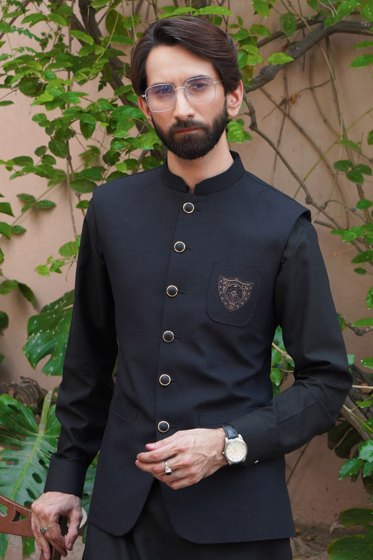 Jet Black Embroidered Poly Viscose Waistcoat (3-Piece) - Image 4