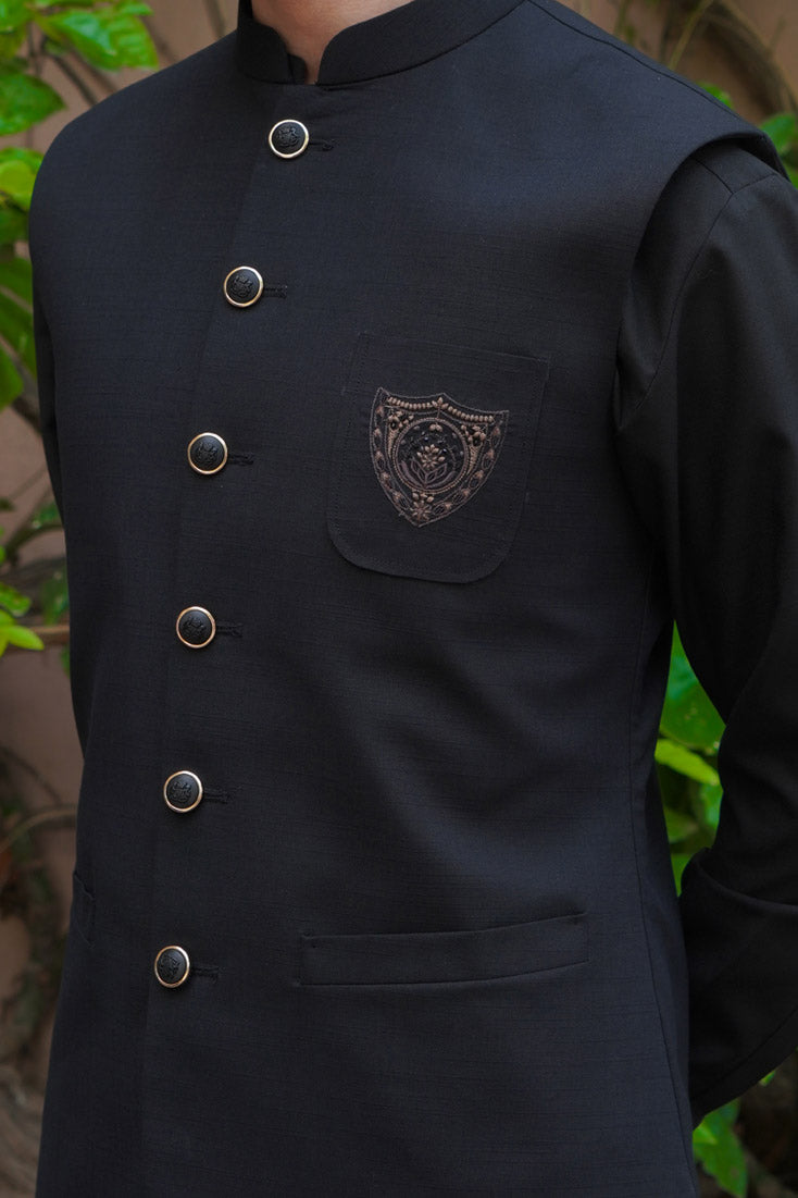 Jet Black Embroidered Poly Viscose Waistcoat (3-Piece) - Image 5