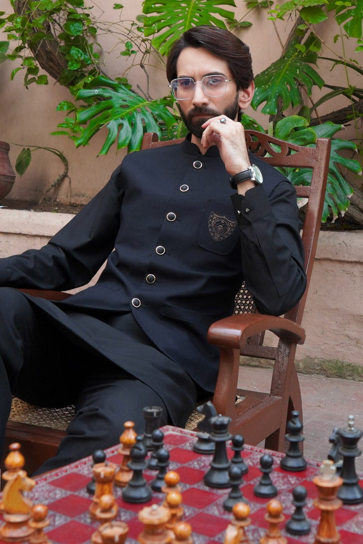 Jet Black Embroidered Poly Viscose Waistcoat (3-Piece) - Image 6