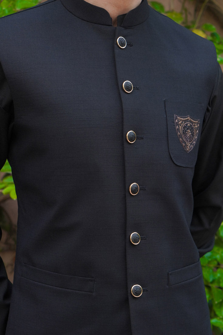 Jet Black Embroidered Poly Viscose Waistcoat (3-Piece) - Image 7