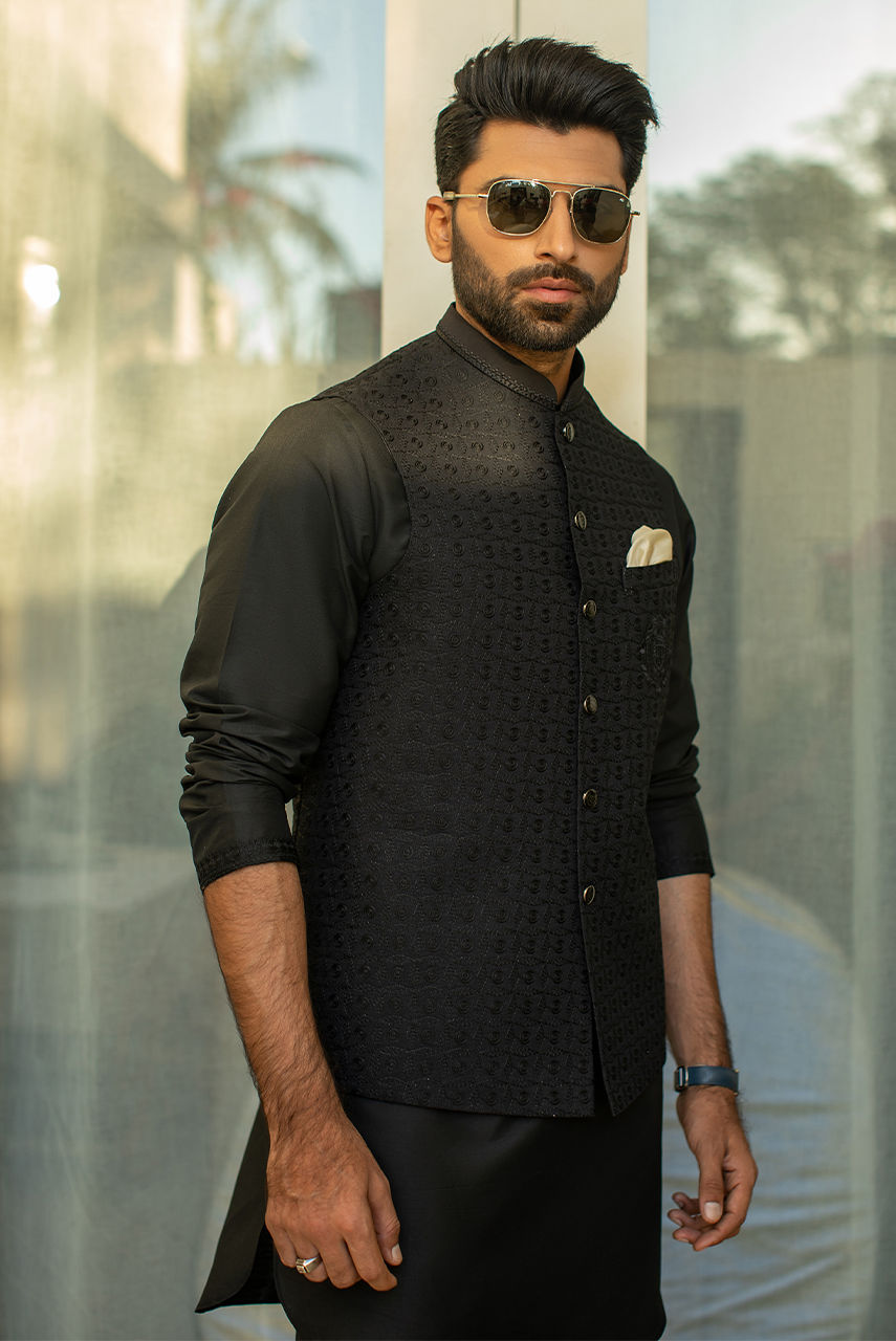 Black Embroidered Poly-Viscose Waistcoat (3-Piece) - Image 2