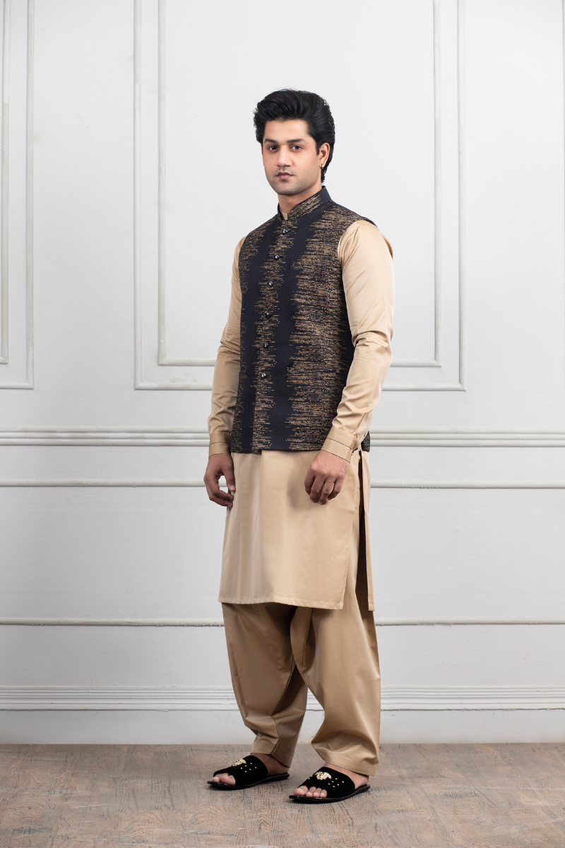 Black Self-Embroidered Poly-Viscose Waistcoat Kurta (3-Piece) - Image 1