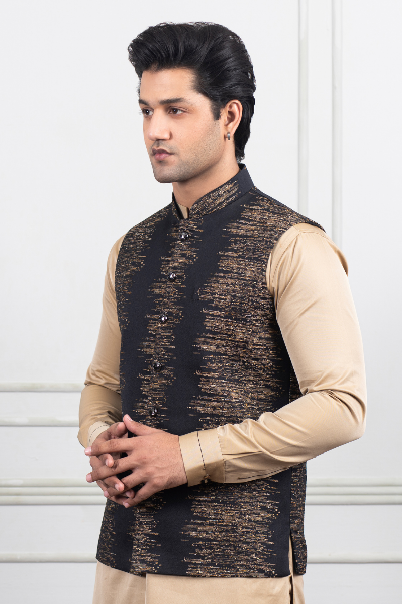 Black Self-Embroidered Poly-Viscose Waistcoat Kurta (3-Piece) - Image 2