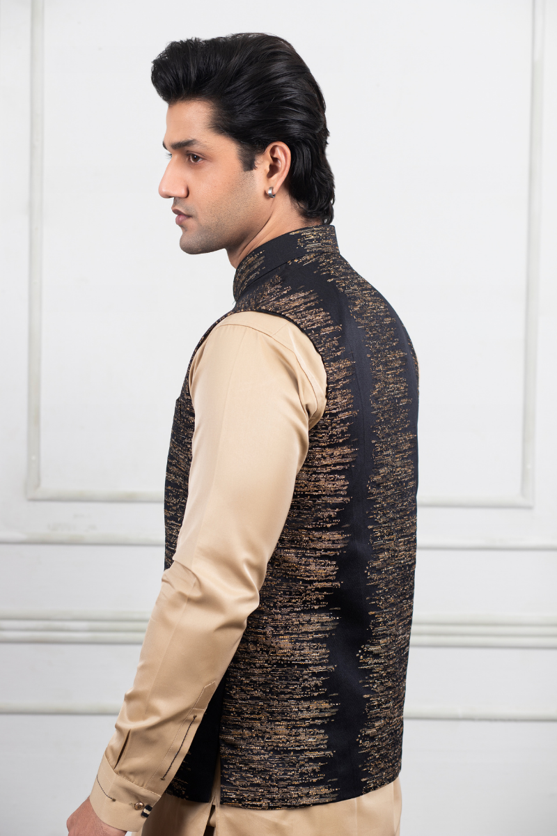 Black Self-Embroidered Poly-Viscose Waistcoat Kurta (3-Piece) - Image 3