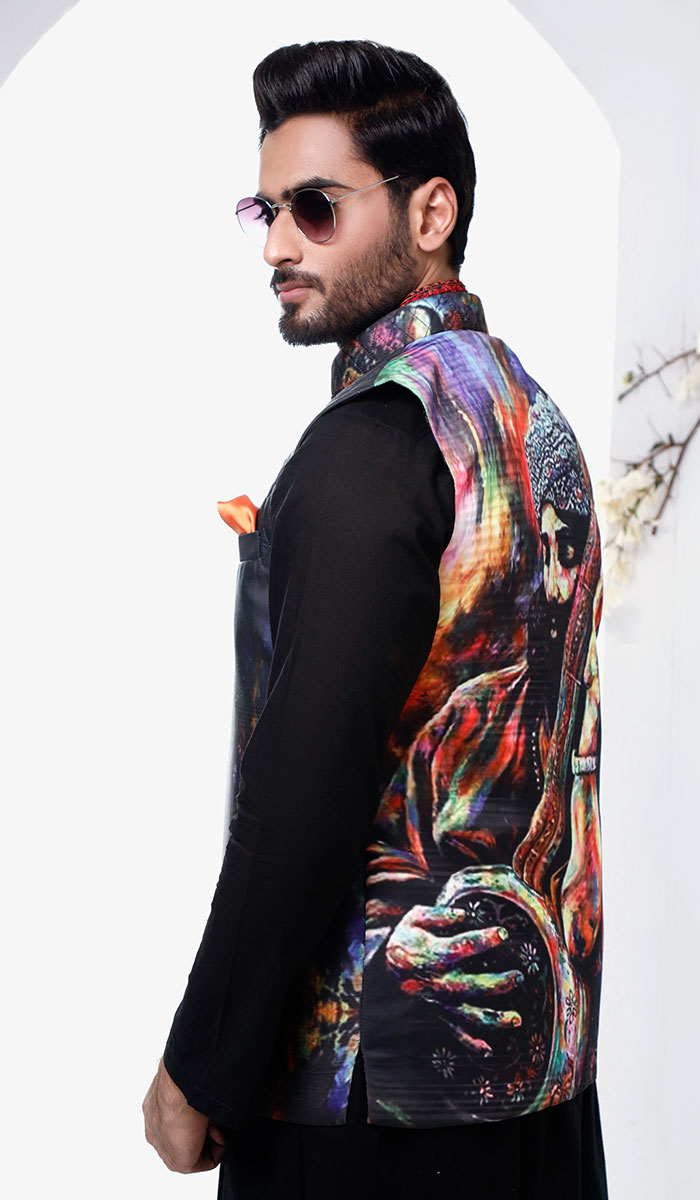 Black Multicolour Digital Print Waistcoat Kurta (3-Piece) - Image 2