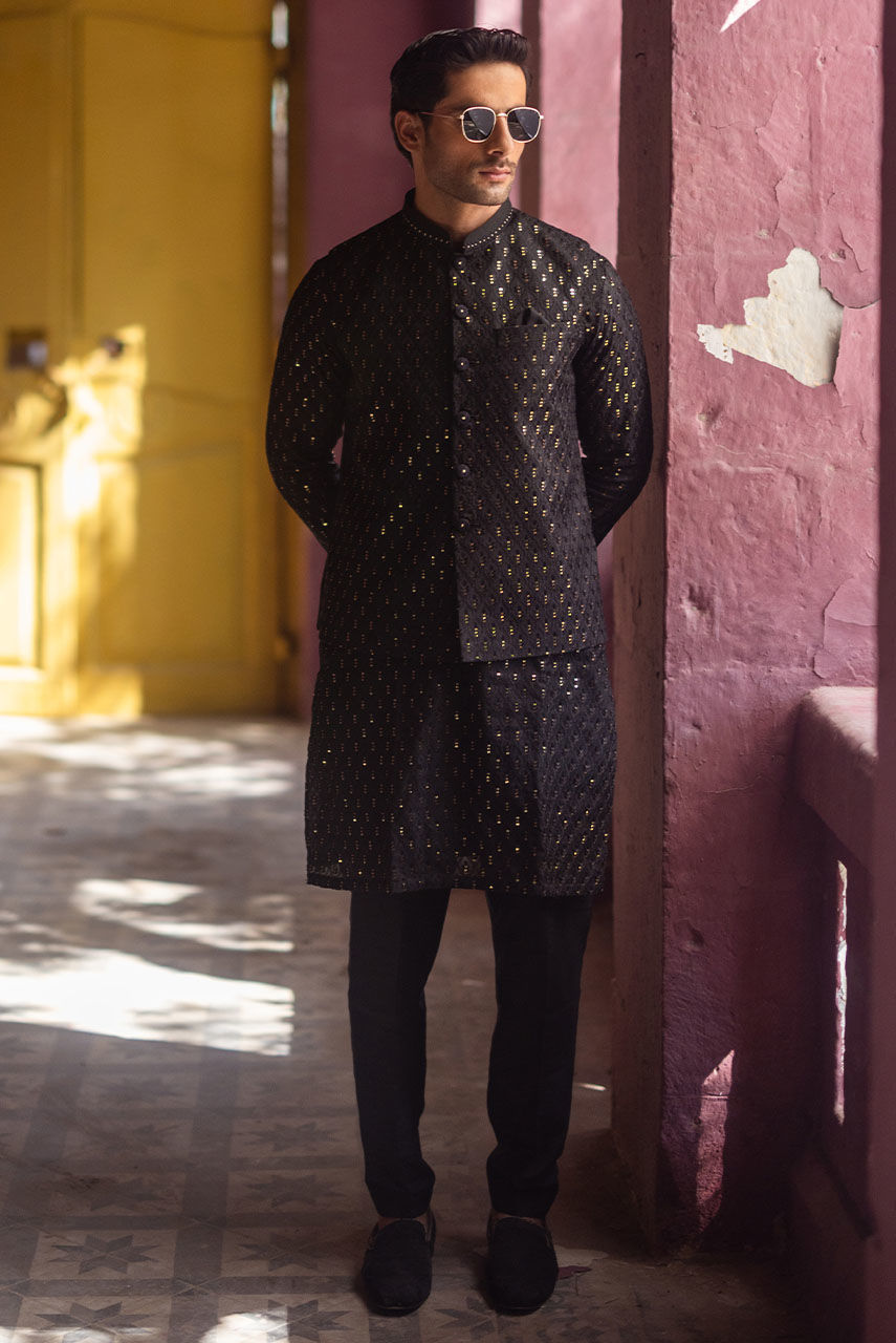 Black Chikan Kari Sequin Kurta with Raw Silk Waistcoat (3-Piece) - Image 1
