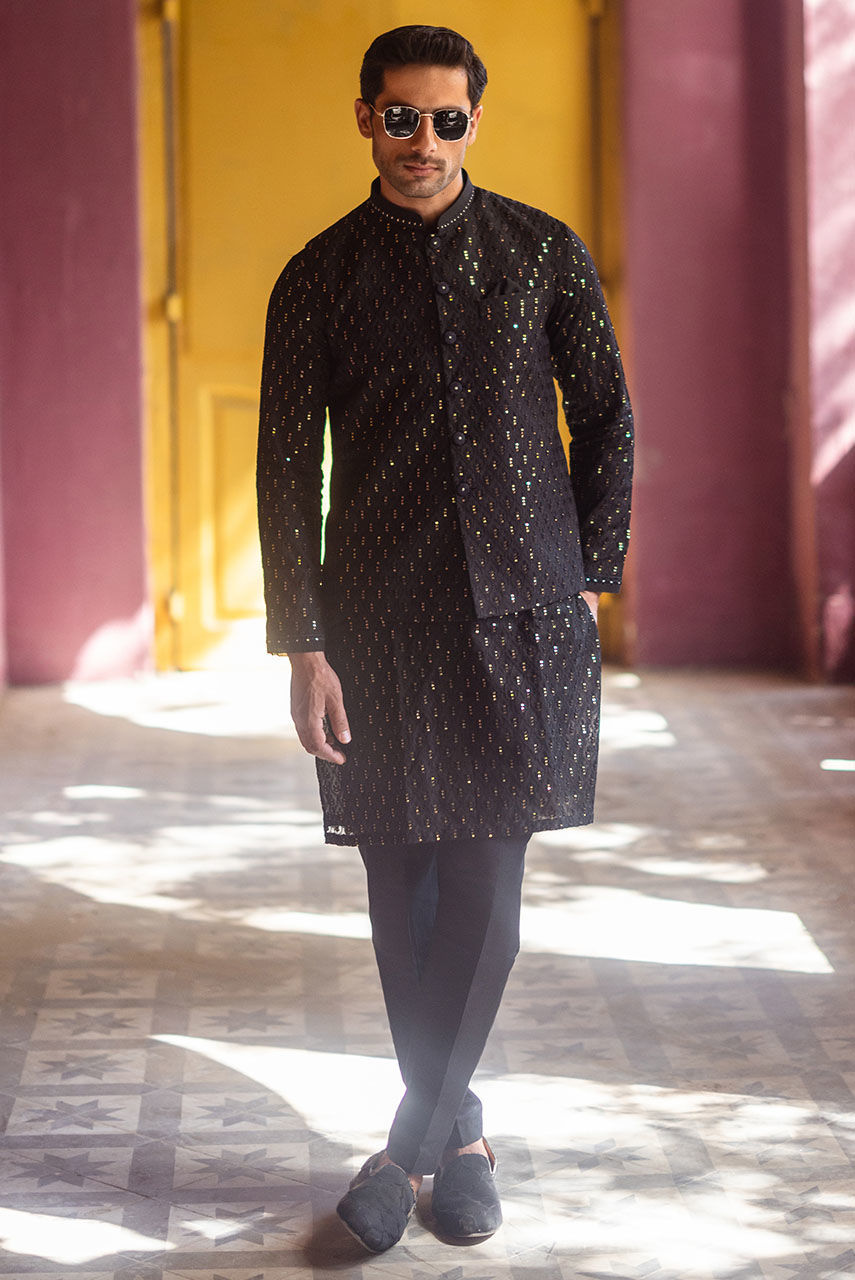 Black Chikan Kari Sequin Kurta with Raw Silk Waistcoat (3-Piece) - Image 2