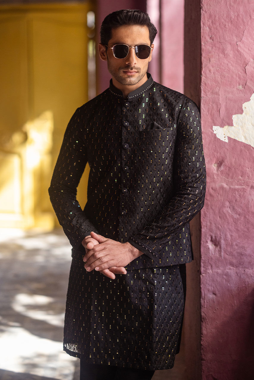 Black Chikan Kari Sequin Kurta with Raw Silk Waistcoat (3-Piece) - Image 3