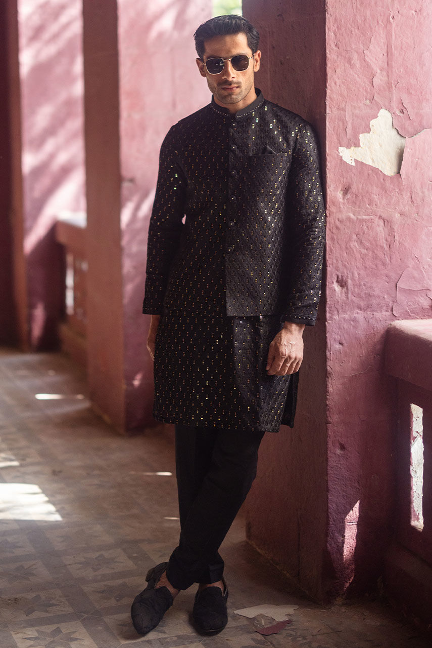 Black Chikan Kari Sequin Kurta with Raw Silk Waistcoat (3-Piece) - Image 4
