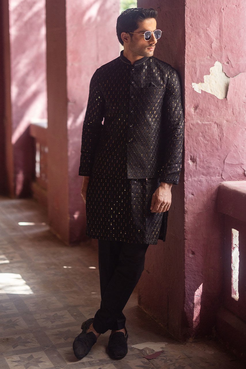 Black Chikan Kari Sequin Kurta with Raw Silk Waistcoat (3-Piece) - Image 5