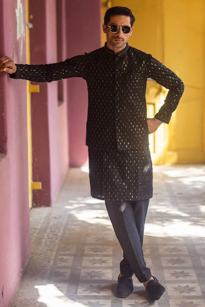Black Chikan Kari Sequin Kurta with Raw Silk Waistcoat (3-Piece) - Image 6