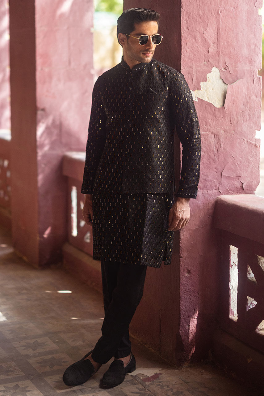 Black Chikan Kari Sequin Kurta with Raw Silk Waistcoat (3-Piece) - Image 7