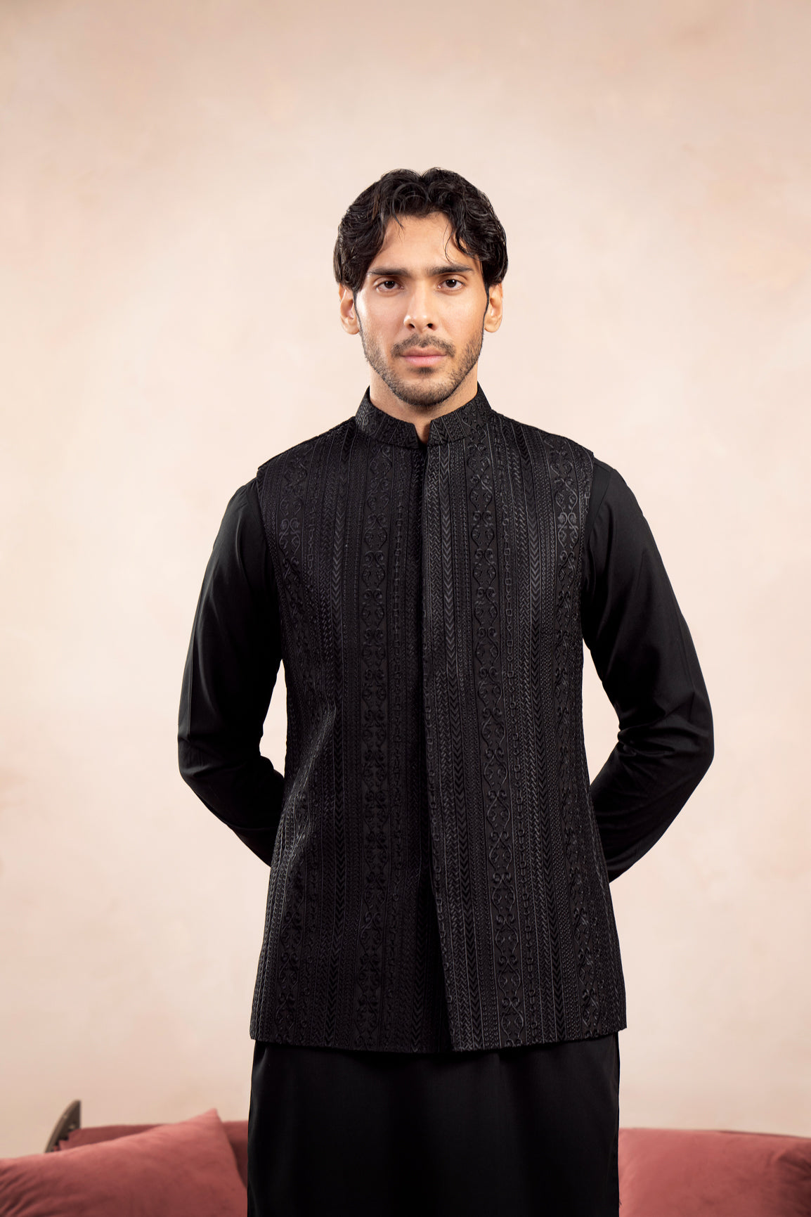 Black Cross-Stitch Raw Silk Waistcoat Kurta (3-Piece) - Image 3