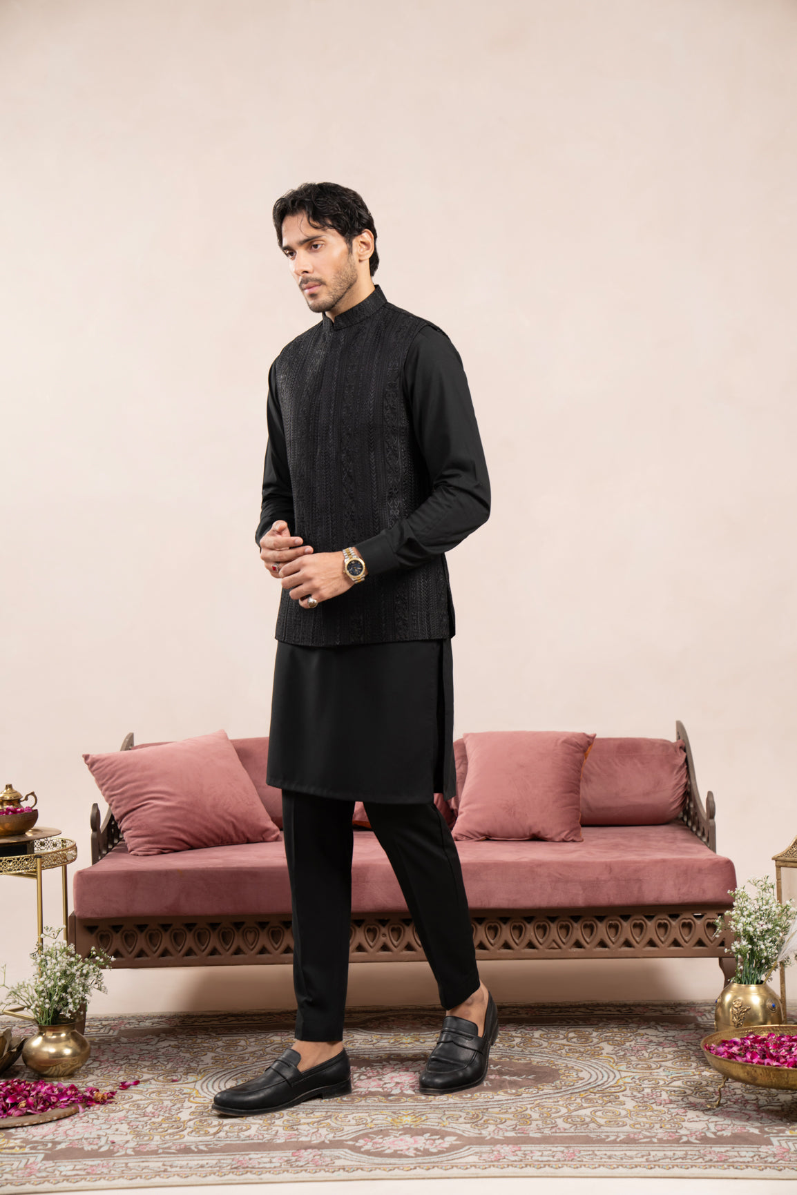 Black Cross-Stitch Raw Silk Waistcoat Kurta (3-Piece) - Image 4