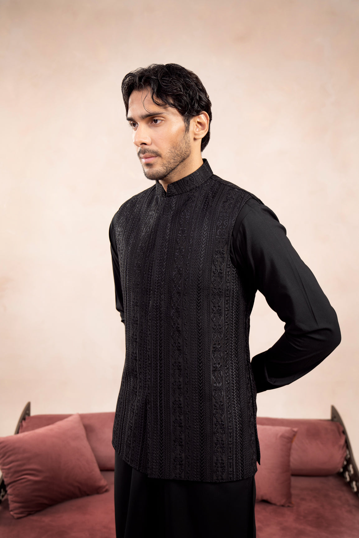 Black Cross-Stitch Raw Silk Waistcoat Kurta (3-Piece) - Image 5