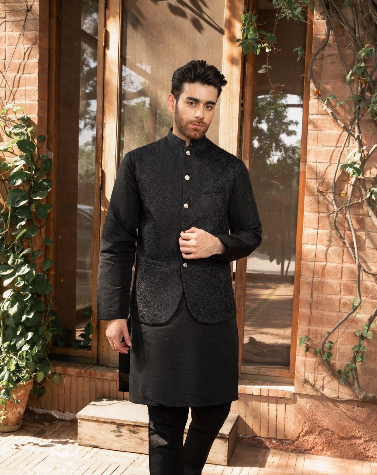 Black Embroidered Raw Silk Waistcoat Kurta (3-Piece) - Image 1