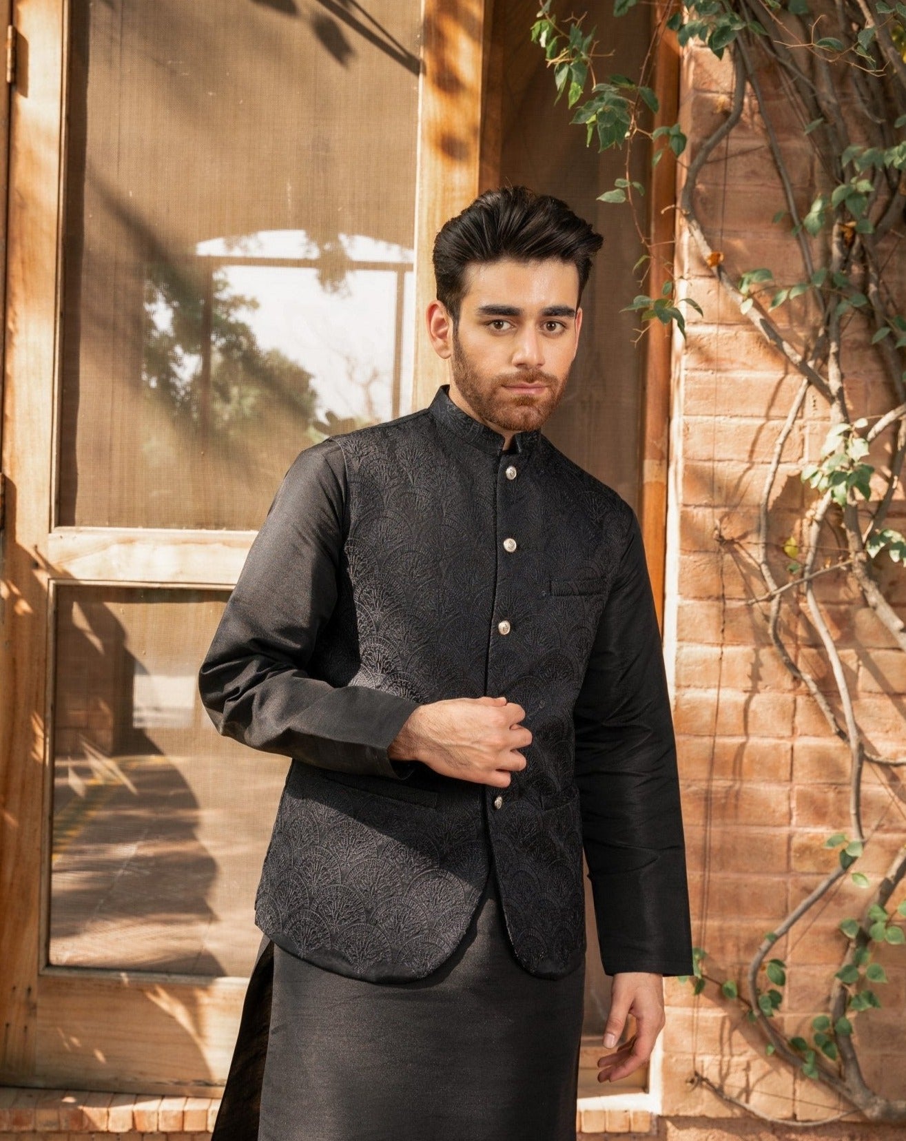 Black Embroidered Raw Silk Waistcoat Kurta (3-Piece) - Image 2
