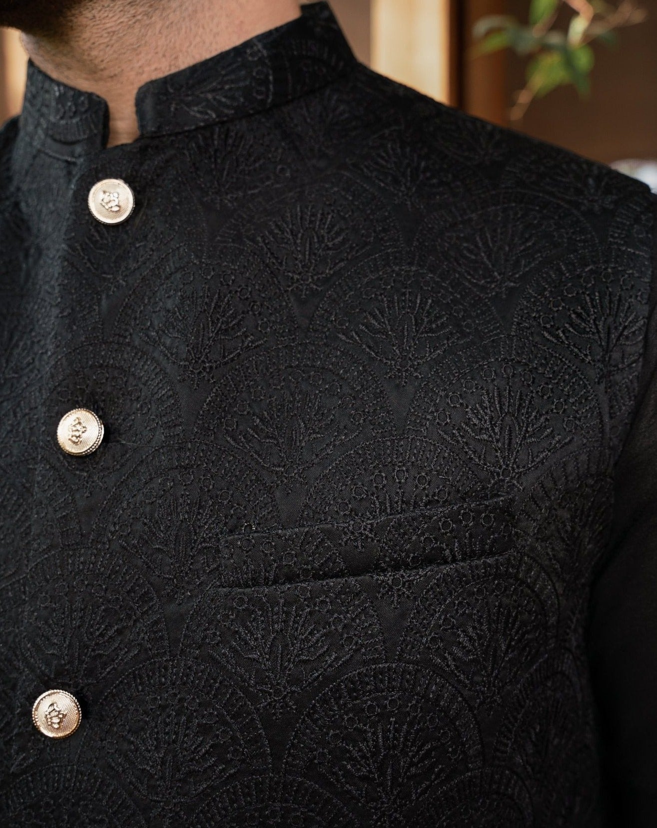 Black Embroidered Raw Silk Waistcoat Kurta (3-Piece) - Image 3