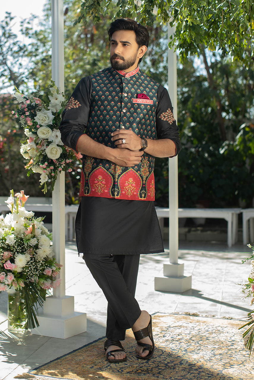 Black Embroidered Cotton Silk Kurta Pajama with Waistcoat (3-Piece) - Image 1