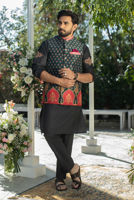 Black Embroidered Cotton Silk Kurta Pajama with Waistcoat (3-Piece) - Image 2