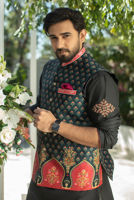Black Embroidered Cotton Silk Kurta Pajama with Waistcoat (3-Piece) - Image 3