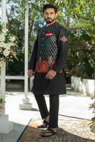 Black Embroidered Cotton Silk Kurta Pajama with Waistcoat (3-Piece) - Image 4