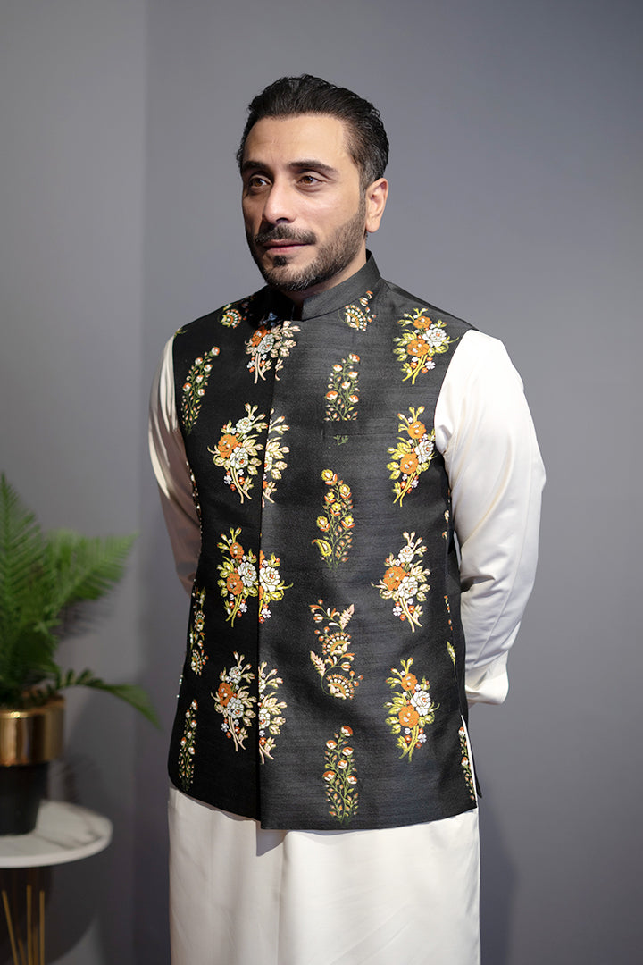 Black Block Print Raw Silk Waistcoat Kurta (3-Piece) - Image 2