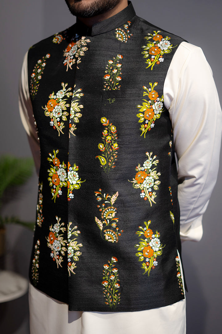 Black Block Print Raw Silk Waistcoat Kurta (3-Piece) - Image 3
