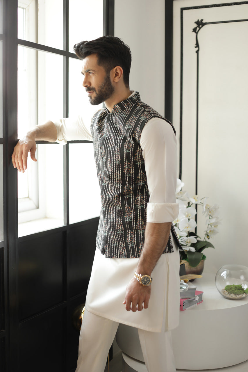 Black Kantha Embroidered Raw Silk Waistcoat (3-Piece) - Image 1