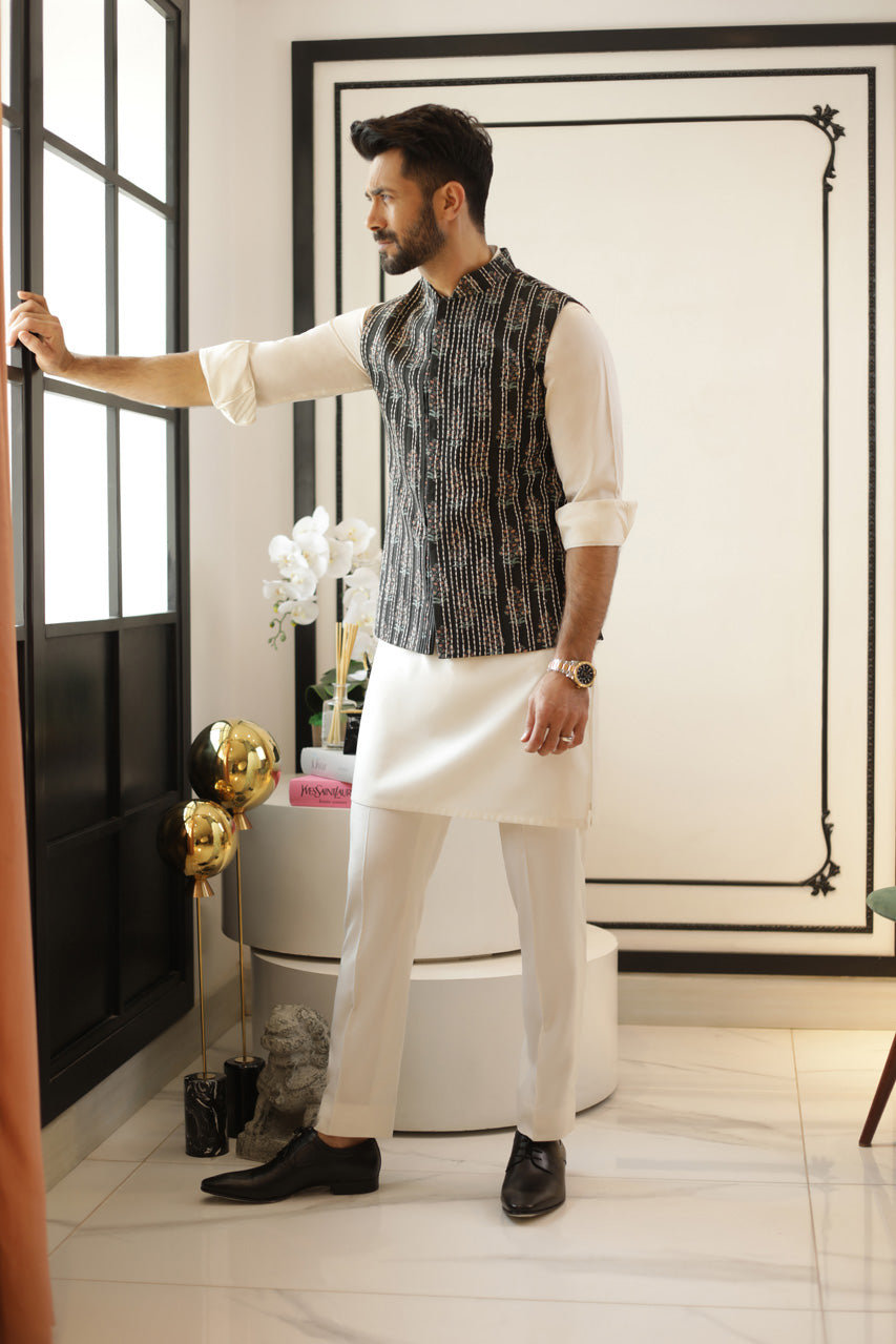 Black Kantha Embroidered Raw Silk Waistcoat (3-Piece) - Image 2