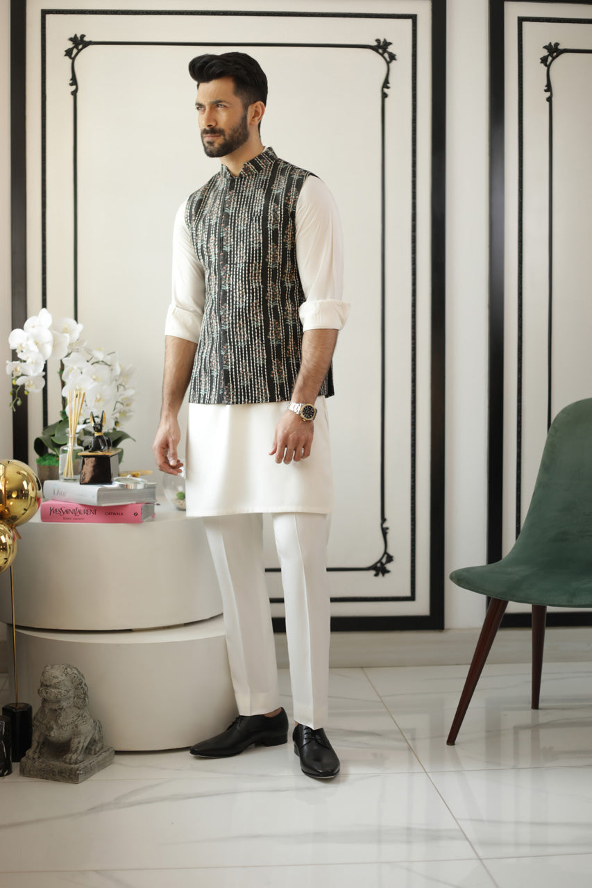 Black Kantha Embroidered Raw Silk Waistcoat (3-Piece) - Image 3