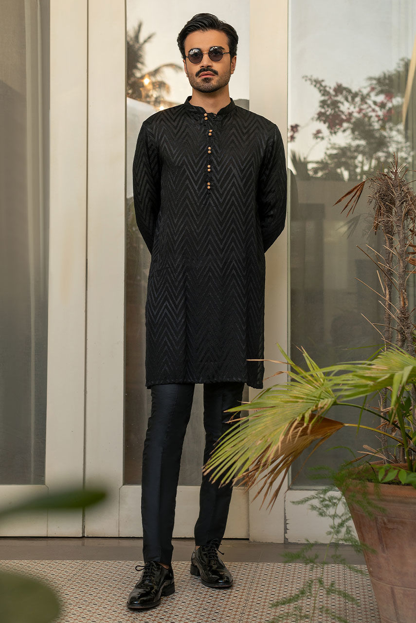 Black Embroidered Raw Silk Waistcoat Kurta (3-Piece) - Image 1