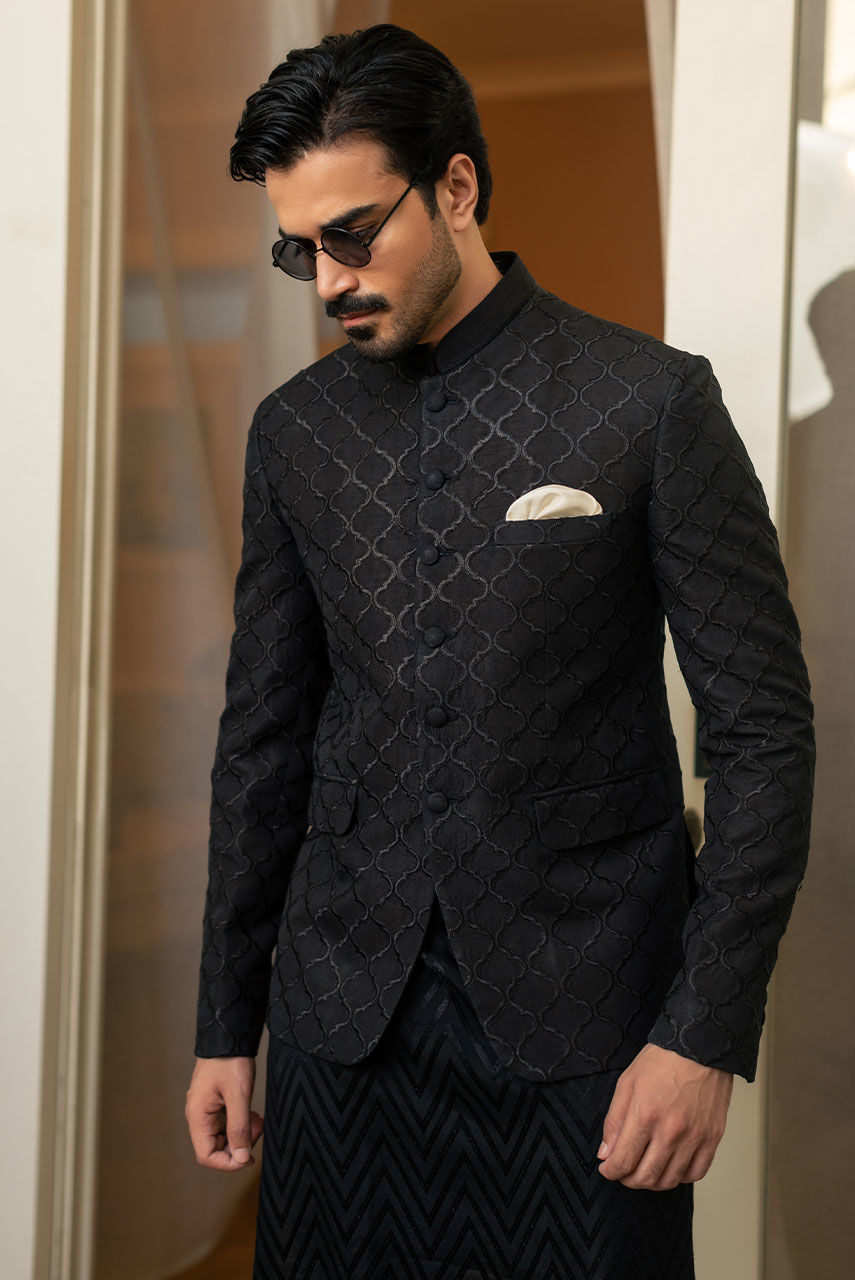 Black Embroidered Raw Silk Waistcoat Kurta (3-Piece) - Image 4